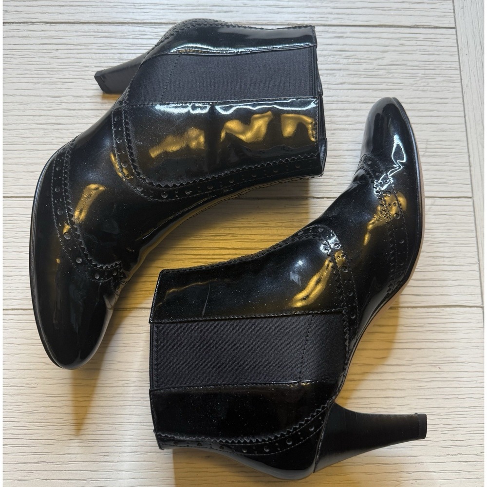 Cole Haan Black Patent Leather Slip On 3" Heeled Ankle Spectator Booties Brogue
